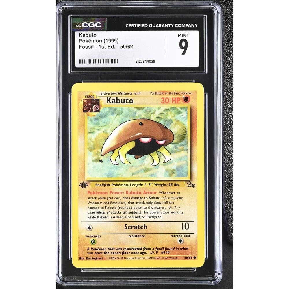 CGC 9 MINT Kabuto 1st Edition 50/62 Pokémon 1999 Fossil Common Card Graded